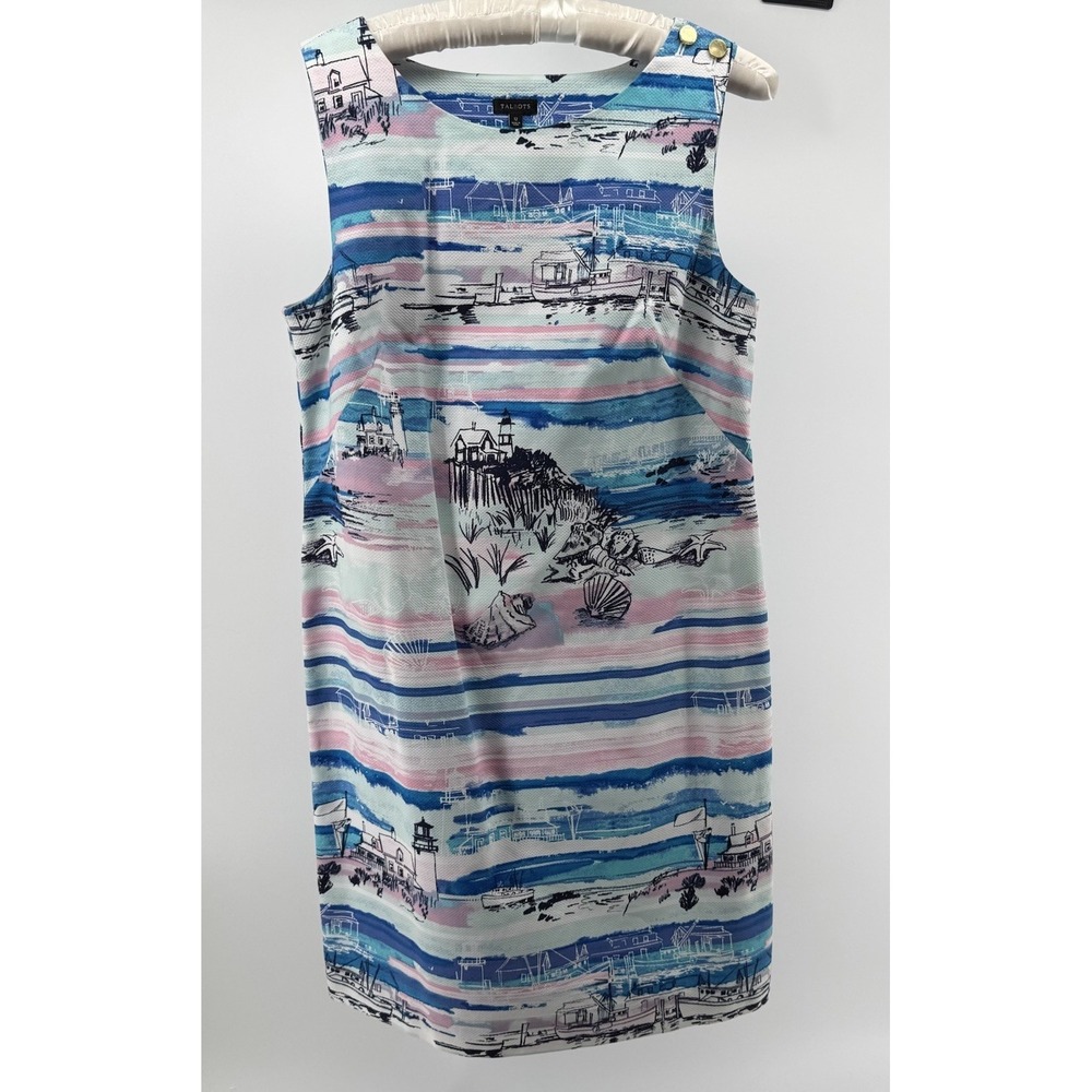 Talbots Sleeveless Shift Dress Women 12 Coastal Nautical Print Cotton Summer